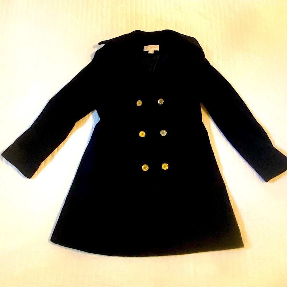 Navy Michael Kors Button-Up Wool Coat with Hood - Size Medium